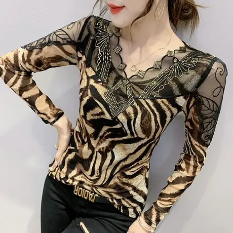 春秋气质女装性感豹纹T恤女长袖网纱拼接V领上衣洋气百搭打底衫潮商品大图