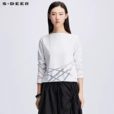 sdeer圣迪奥2018春装几何现代感纯色一字领T恤上衣女装S17180286🌦商品大图