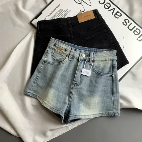 美式辣妹甜辣风高腰牛仔短裤春季新款百搭显瘦弹力包臀A字阔脚裤商品大图