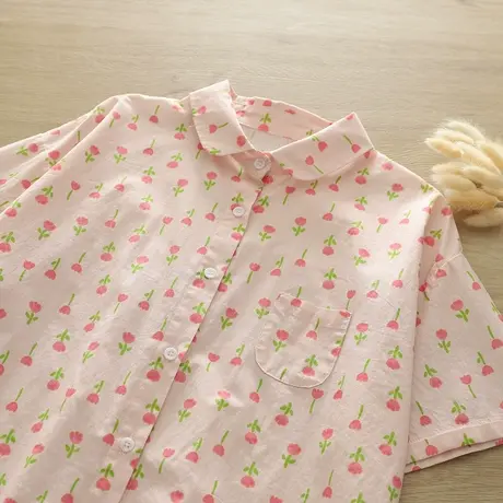 夏季新款日系文艺小清新花朵粉色纯棉短袖衬衫女宽松百搭中袖上衣商品大图