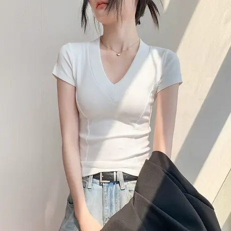 歌倍尚V领鱼骨短袖T恤女夏内搭简约修身显瘦外穿纯色百搭正肩上衣图片
