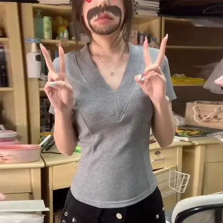 辣妹紧身收腰短袖T恤女夏季韩版修身短款小个子V领正肩半袖上衣服商品大图