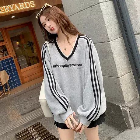 字母印花V领正肩卫衣女2024新款爆款大码慵懒风ins潮秋冬灰色上衣商品大图