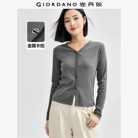 佐丹奴T恤女装V领金属卡扣坑条针织长袖T恤 13324707商品大图