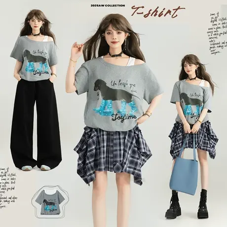 KEIKO 美式小狗印花斜肩短袖T恤女25夏季假两件拼接宽松纯棉上衣图片