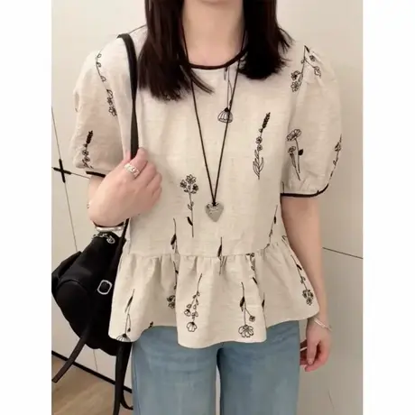 2025年夏新款时尚百搭圆领花朵衬衣女ins风高级感褶皱短袖上衣潮商品大图