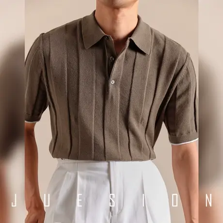 JUESION 夏季意式棉麻polo衫男轻薄透气针织休闲百搭翻领短袖t恤图片