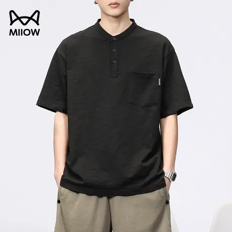 猫人夏季透气竹节棉亨利衫美式复古黑色男士短袖t恤男宽松休闲短t商品大图