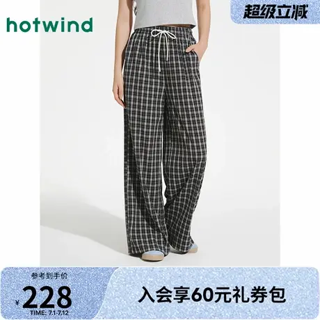 女士阔腿裤热风2025年夏季新款女士休闲格纹长裤简约百搭休闲裤商品大图