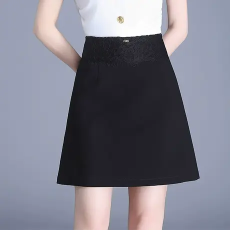 黑色短裙女春夏蕾丝拼接腰a字裙2025新款高腰显瘦半身裙韩版伞裙商品大图