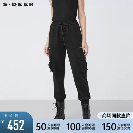 sdeer圣迪奥2021冬装新品松紧抽绳撞色立体口袋运动裤女S21480805图片