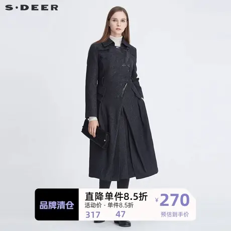 sdeer圣迪奥新品女装休闲翻领印花收腰不规则毛呢大衣S20481805图片