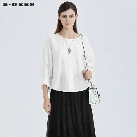 sdeer圣迪奥女装休闲圆领抽褶花边拼接长袖白色衬衫S21260501图片