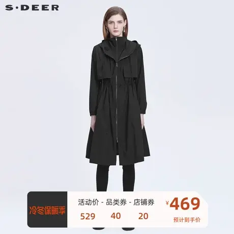 sdeer圣迪奥女装高领连帽收腰拼接长款风衣S22161801图片