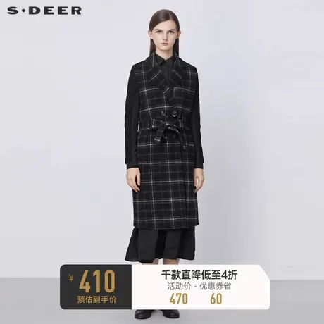 sdeer圣迪奥秋冬翻领撞色格纹收腰长款毛呢马甲S21481613图片