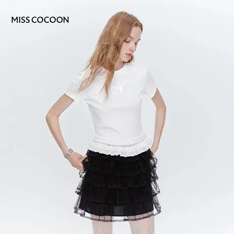MISS COCOON可可尼白色棉T恤女2025夏季新款修身刺绣蕾丝上衣短袖商品大图