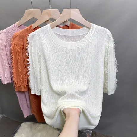 圆领蕾丝针织衫女2025夏装新款宽松外穿流苏毛衣打底衫中袖t恤衫商品大图