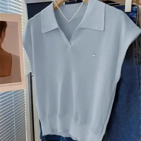 蓝色polo领冰丝针织衫正肩短袖t恤女2025新款夏季高级感短款上衣商品大图