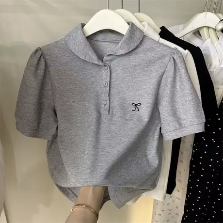 设计感小众娃娃领短袖T恤女夏季韩版百搭宽松显瘦蝴蝶结刺绣上衣图片