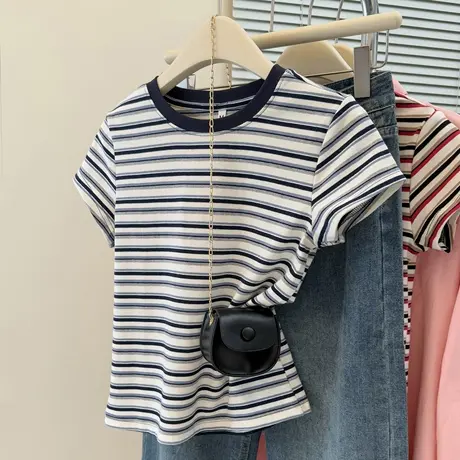 2025夏季新款撞色条纹短袖T恤女修身韩版短款小个子正肩半袖上衣图片