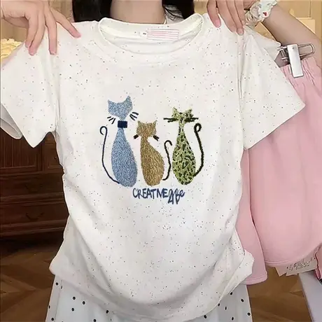 潮流小个子短款收腰t恤女2025新款褶皱修身彩虹波点短袖减龄上衣商品大图