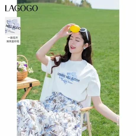 LAGOGO珠片绣花短袖T恤女拉谷谷2025年夏季新款清爽通勤白色上衣商品大图