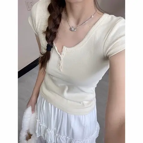小个子短款短袖T恤女夏季修身韩版打底衫内搭U领正肩半袖上衣体恤商品大图
