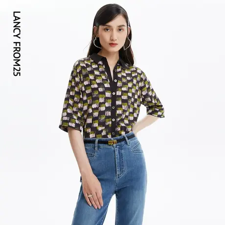 LANCY/朗姿女装年夏季真丝八分袖撞色通勤衬衫女商场同款图片
