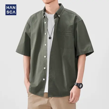 hansca高密骑兵斜纹短袖衬衫男2025夏季高支挺阔日系工装透气衬衣商品大图