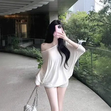 纯欲斜肩T恤露肩慵懒风宽松蝙蝠袖上衣松弛感斗篷短袖打底衫显瘦商品大图