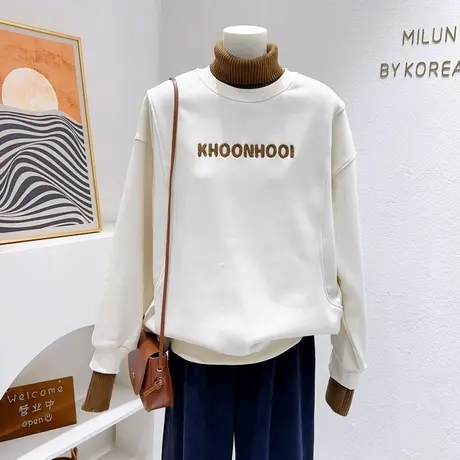 微胖遮肉~韩代款秋冬半高领卫衣毛衣针织假两件加绒上衣宽松大码商品大图