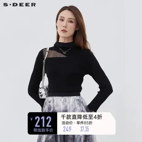 sdeer圣迪奥春装女装高领镂空网纱修身黑色针织衫S221Z3504🏇商品大图