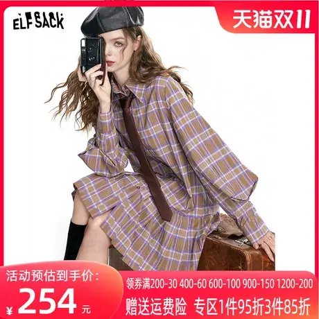 妖精的口袋格纹衬衫连衣裙女2023秋季新款复古学院风灯笼袖裙子潮商品大图