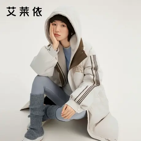 艾莱依新款羽绒是美式假两件加长款大衣休闲运动街头时尚保暖外套商品大图