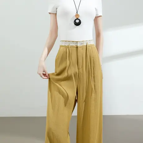 蕾丝花边阔腿裤女夏季薄款高腰宽松黄色休闲防晒抗皱直筒拖地裤子图片