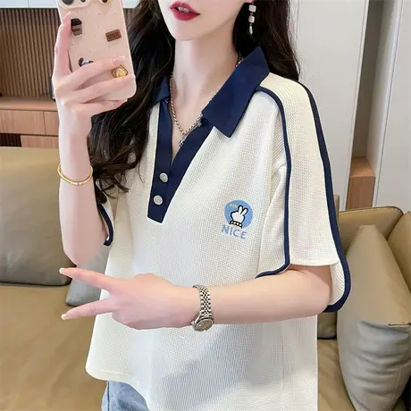 polo领小个子短袖t恤女夏季韩版宽松大码女装华夫格V领假两件上衣图片
