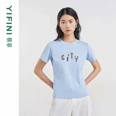 [专柜同款]Yifini/易菲棉索罗纳圆领短袖短款印花T恤女D04Z1025图片