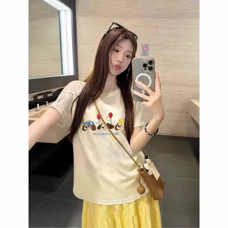 美式复古夏季落肩小狗纯棉短袖T恤女2025新款学生宽松百搭上衣ins商品大图