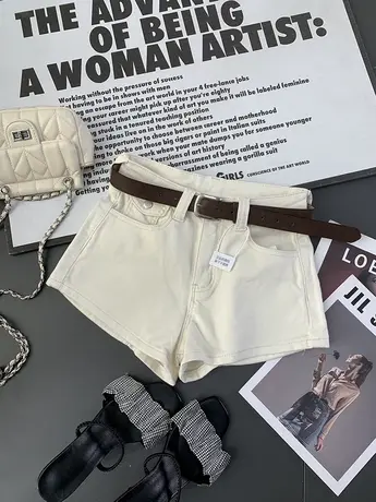 韩版简约弹力辣妹牛仔短裤女2024春夏新款显瘦百搭高腰白色阔腿裤商品大图