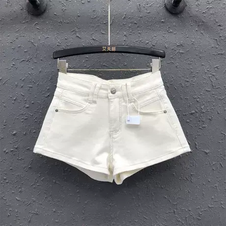 韩版米白色时尚牛仔短裤女2025夏季新款a字修身显瘦阔腿裤热裤潮图片