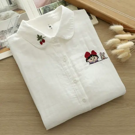 春秋季文艺小清新卡通刺绣双层纱纯棉长袖衬衫女学生宽松叠穿上衣商品大图