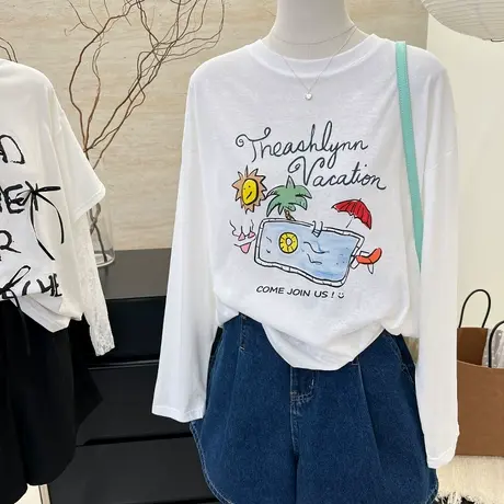 夏季简约韩系薄款卡通创意印花宽松显瘦白色长袖T恤女防晒衫罩衫商品大图