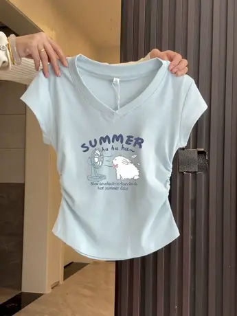 小飞袖正肩t恤女美式复古chic短款大码V领收腰上衣ins设计感短袖商品大图