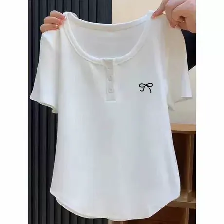 韩系高级感蝴蝶结短袖T恤女夏季修身小个子短款韩版正肩上衣半袖商品大图