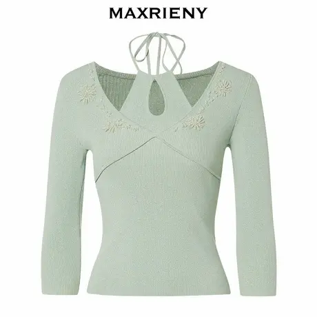 【奥莱】MAXRIENY国风新中式挂脖套头针织秋季上衣女商品大图