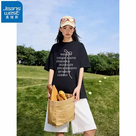 NR真维斯美式复古纯棉短袖t恤女夏季新款字母印花宽松百搭上衣潮商品大图