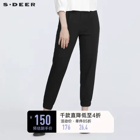sdeer圣迪奥夏季腰带松紧休闲长裤压褶黑色通勤长裤女S21260821图片