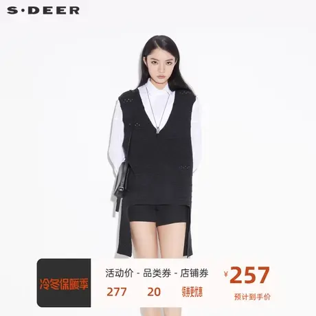 sdeer圣迪奥女装复古V领肌理拼接马甲羊毛针织衫S21383520图片