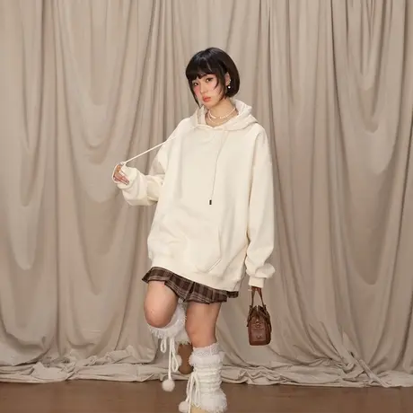 YEP复古纯色连帽卫衣女春秋2025年新款美式潮牌帽衫宽松长袖外套图片