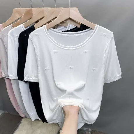 圆领冰丝针织衫女2025夏装新款钉珠外穿上衣洋气薄款短袖t恤衫潮图片
